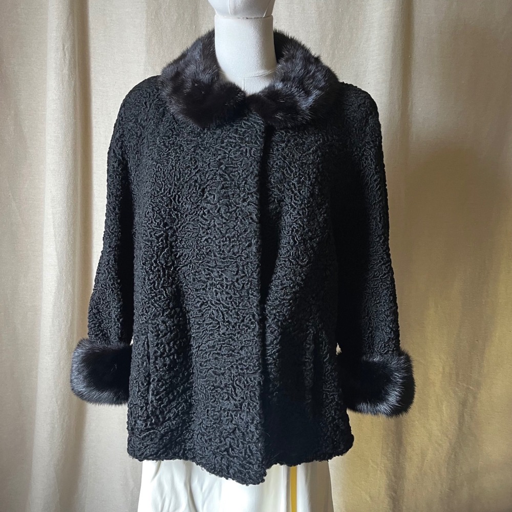 Vintage Persian Lamb Astrakhan Jacket Mink Trim Marshall Field Swing‎ Coat M